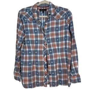 North River pink and blue plaid pearl snap with raw edges - medium